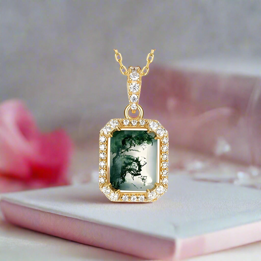 Natural 7*9mm Green Moss Agate Necklace-Black Diamonds New York