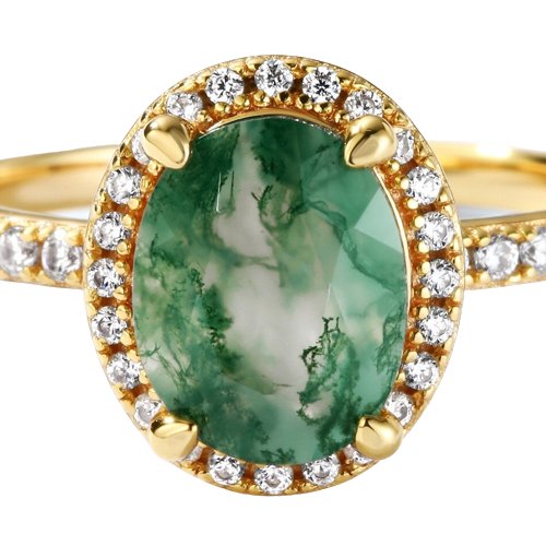 Natural 9*7mm Oval Green Moss Agate Engagement Ring-Black Diamonds New York