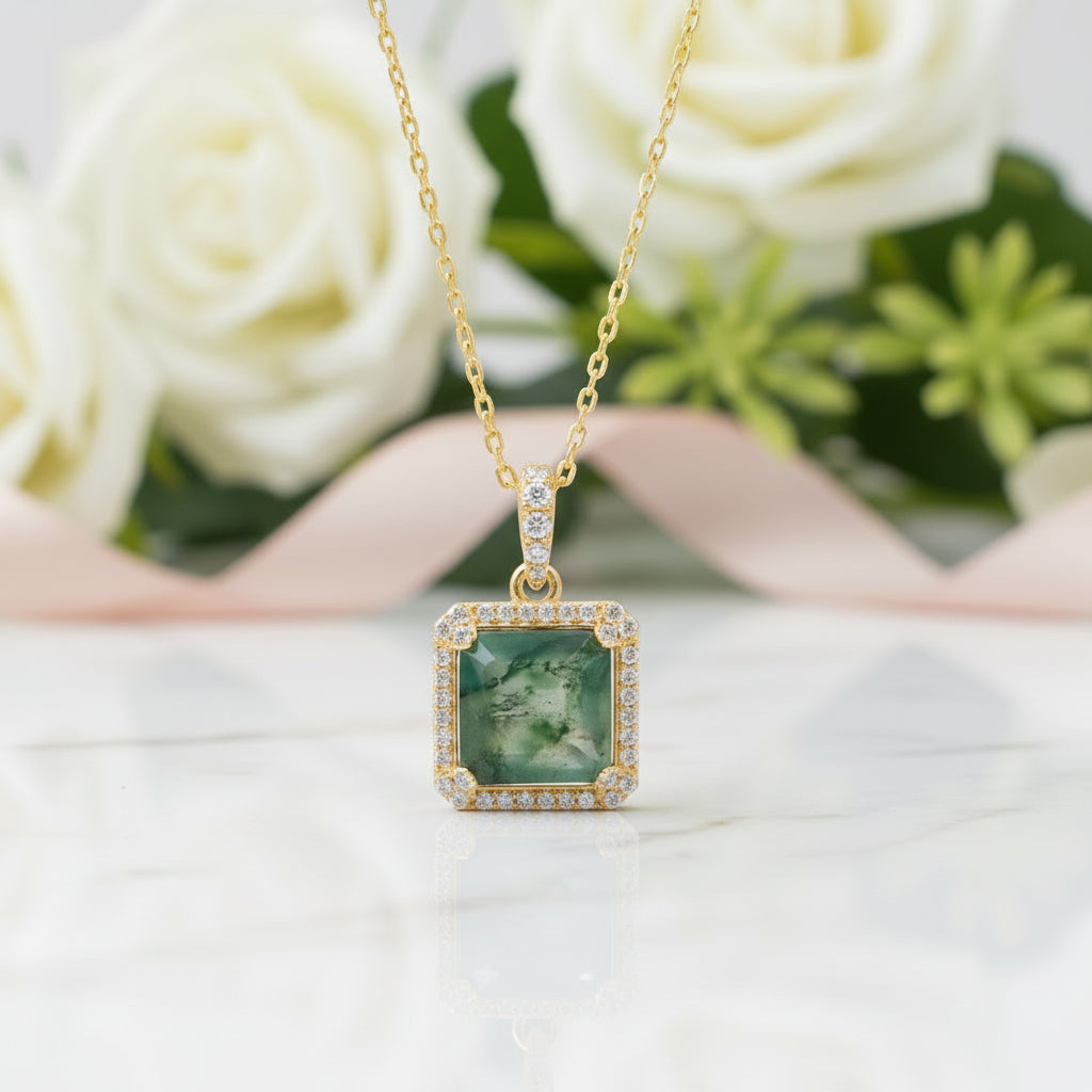 Natural 9*9mm Green Moss Agate Necklace-Black Diamonds New York