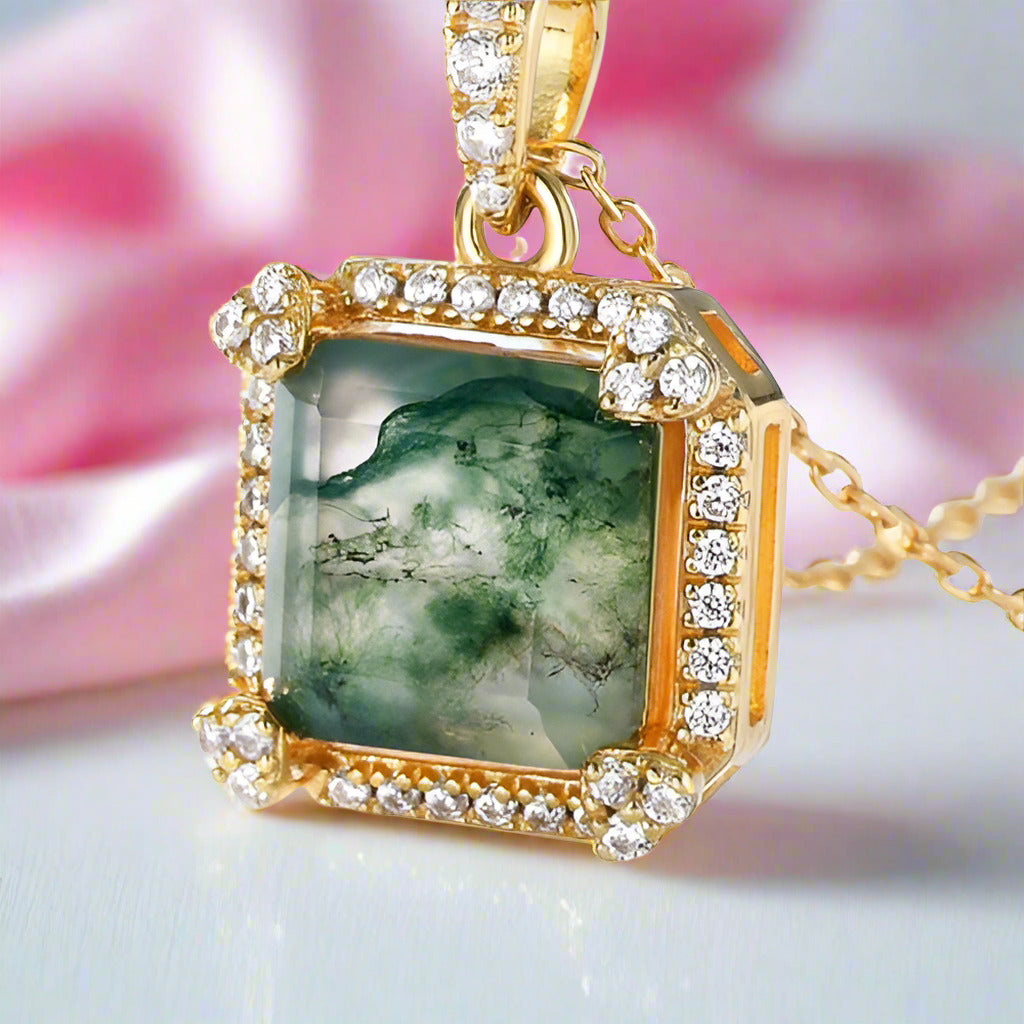 Natural 9*9mm Green Moss Agate Necklace-Black Diamonds New York