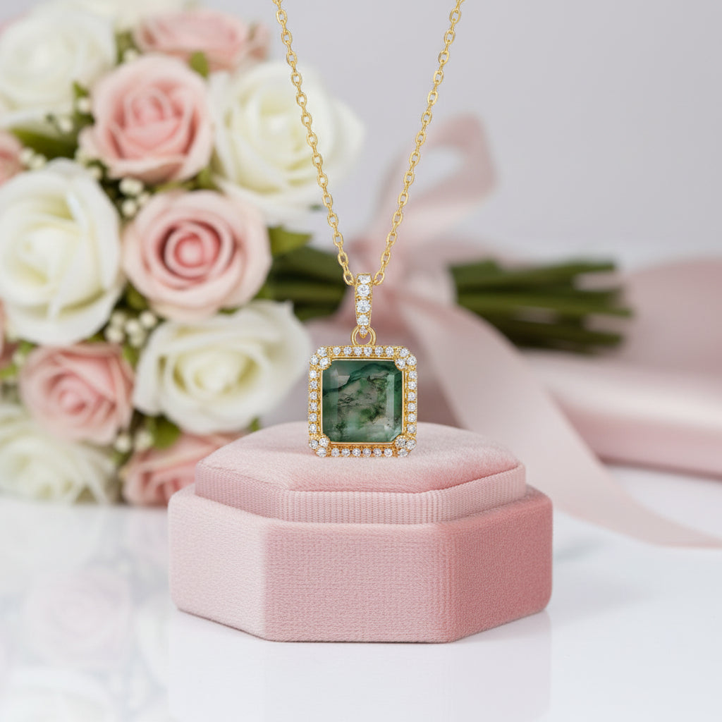 Natural 9*9mm Green Moss Agate Necklace-Black Diamonds New York