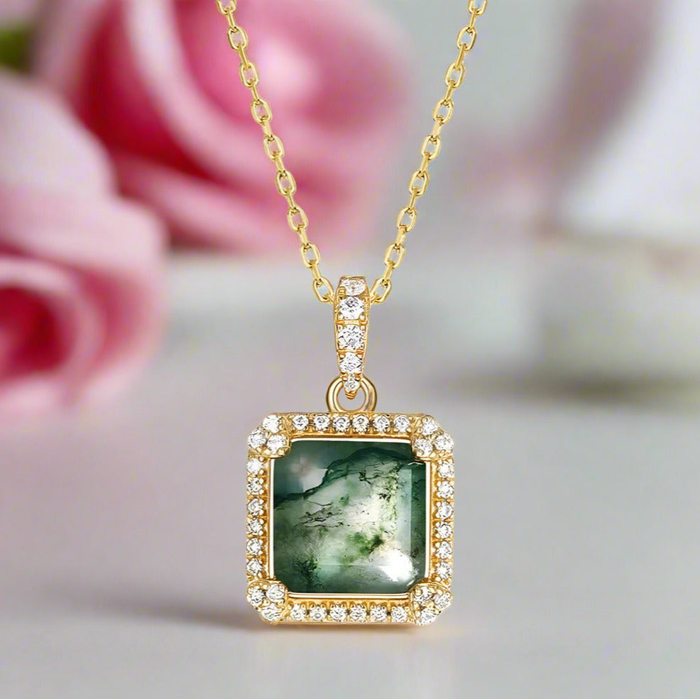 Natural 9*9mm Green Moss Agate Necklace-Black Diamonds New York