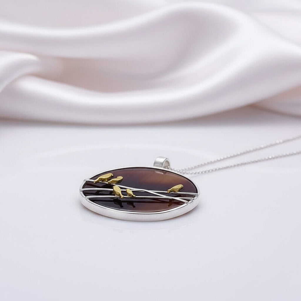 Natural Agate Lovely Birds Pendant-Black Diamonds New York