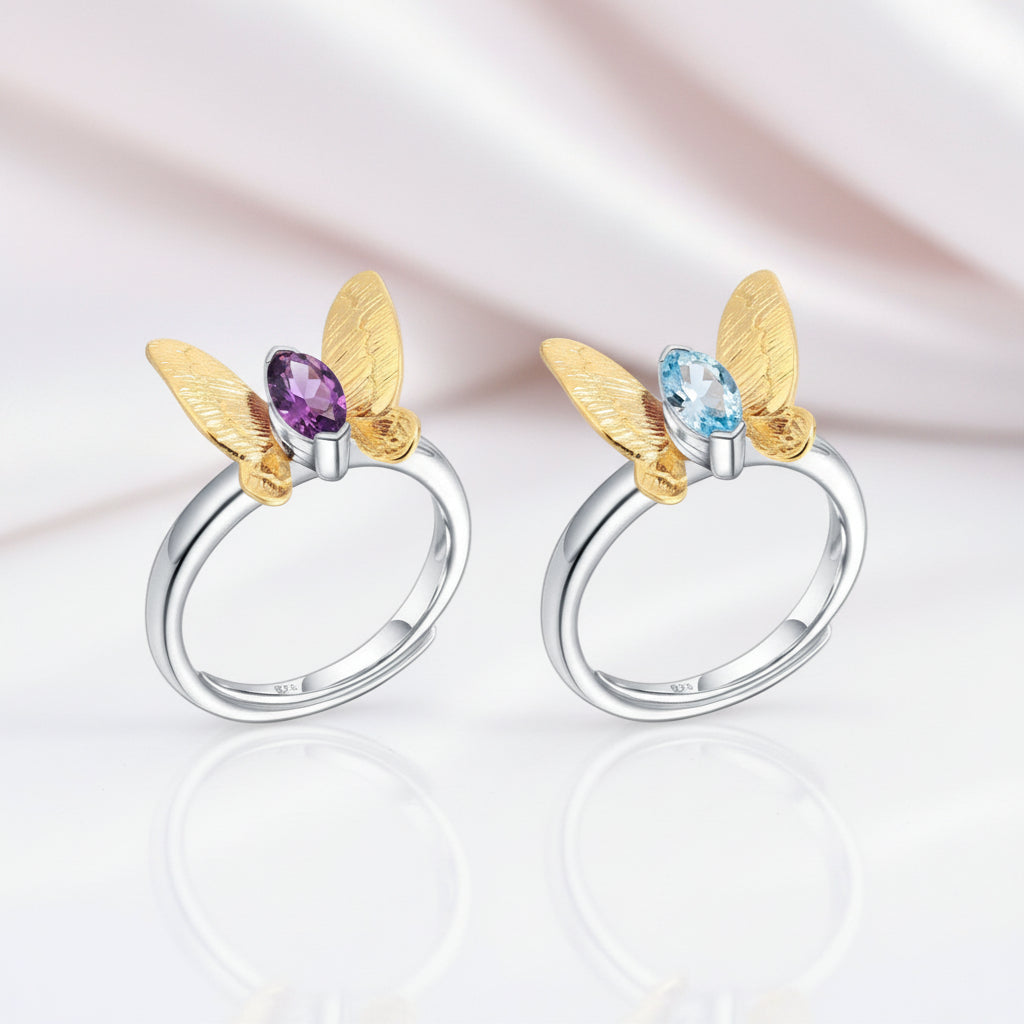 Purple Amethyst Gemstone Butterfly Adjustable Ring-Black Diamonds New York