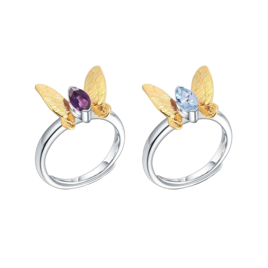 Natural Amethyst Gemstone Butterfly Adjustable Ring-Black Diamonds New York