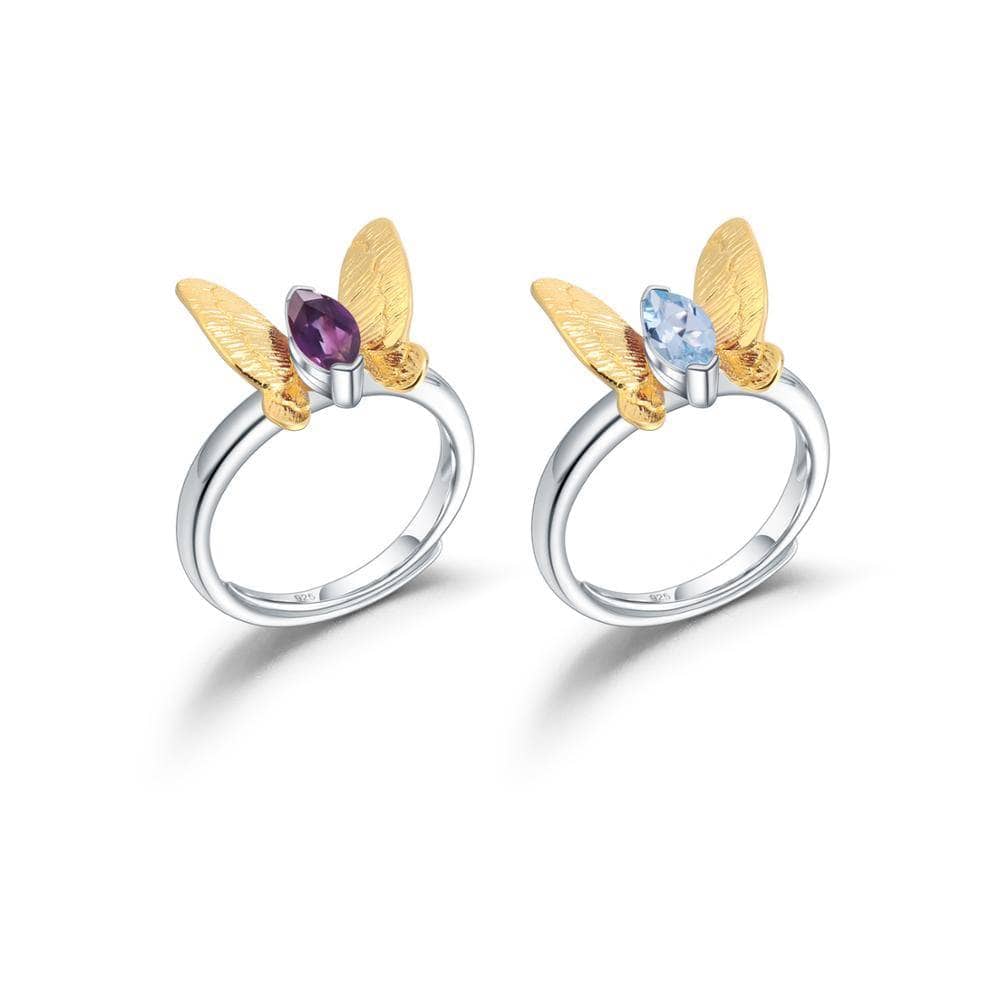 Natural Amethyst Gemstone Butterfly Adjustable Ring-Black Diamonds New York
