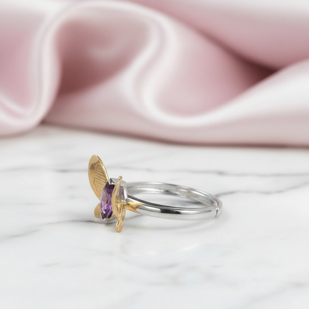 Purple Amethyst Gemstone Butterfly Adjustable Ring-Black Diamonds New York