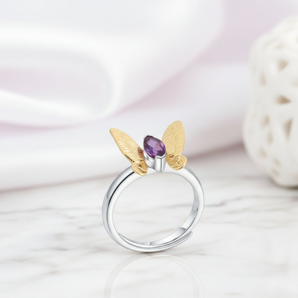Purple Amethyst Gemstone Butterfly Adjustable Ring-Black Diamonds New York