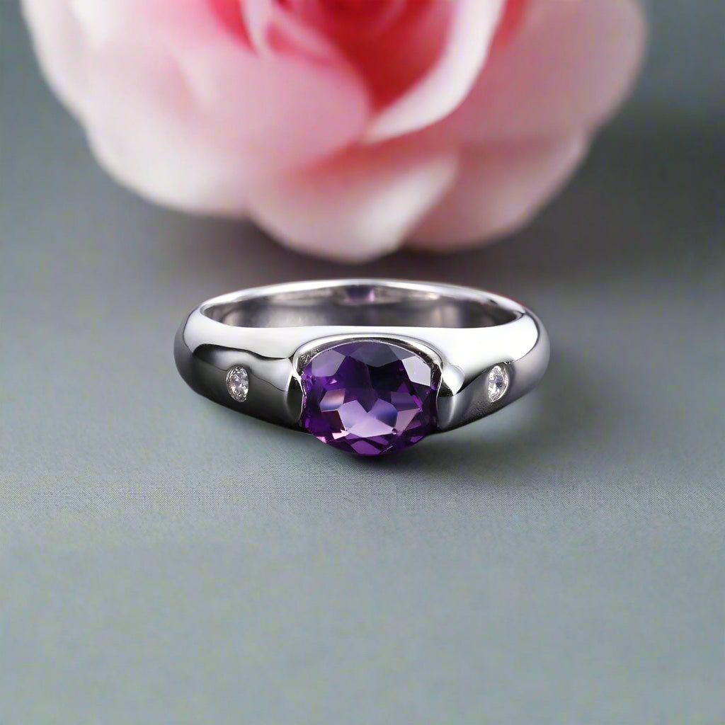 Natural Amethyst Gemstone Ring and Earrings Jewelry Set-Black Diamonds New York