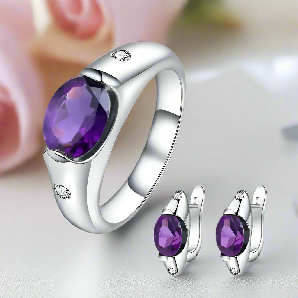 Natural Amethyst Gemstone Ring and Earrings Jewelry Set-Black Diamonds New York