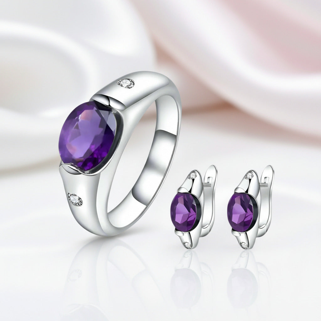 Amethyst Gemstone Ring and Earrings Jewelry Set-Black Diamonds New York