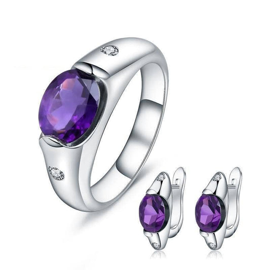 Natural Amethyst Gemstone Ring and Earrings Jewelry Set - Black Diamonds New York