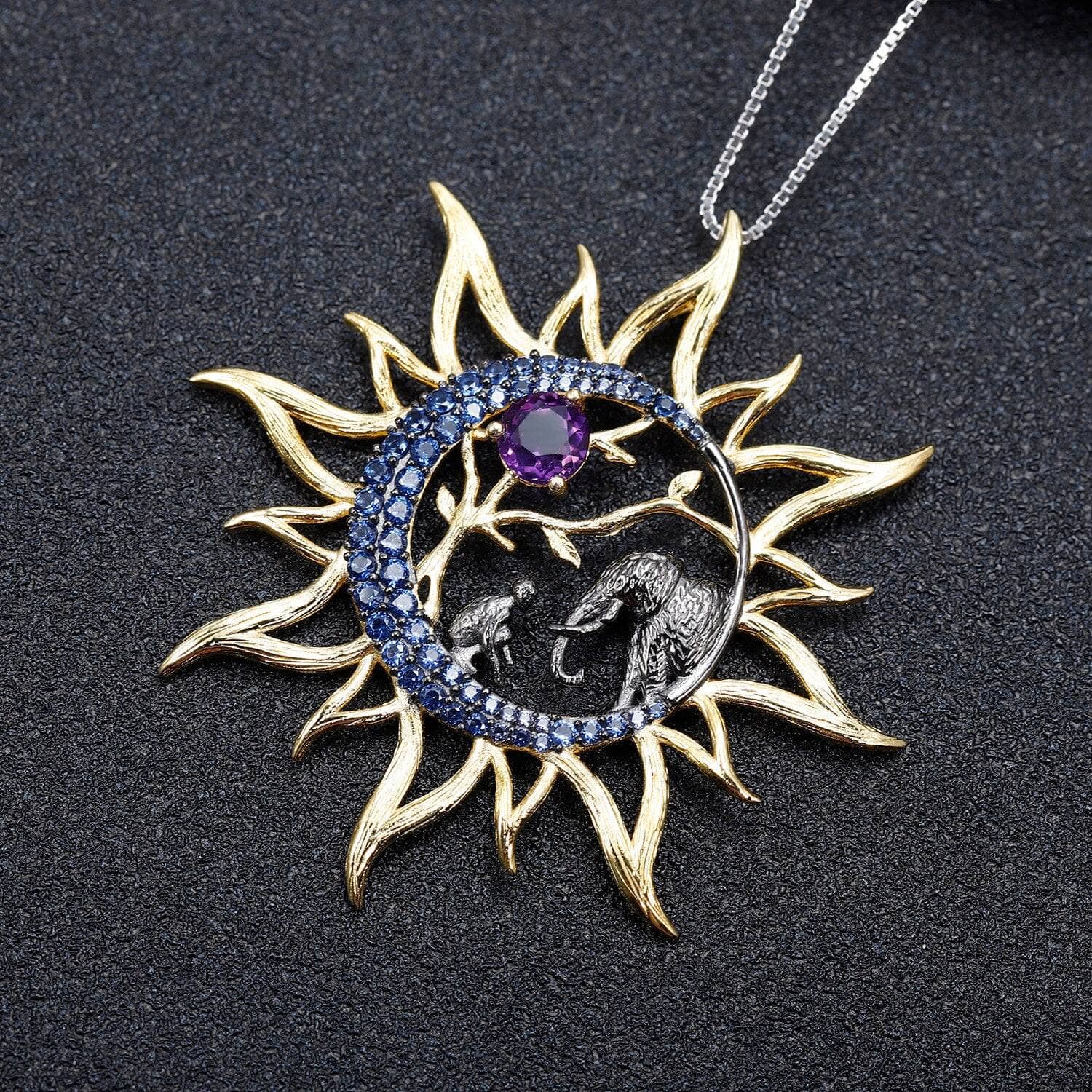 Natural Amethyst Gemstone Sun & Moon Necklace-Black Diamonds New York