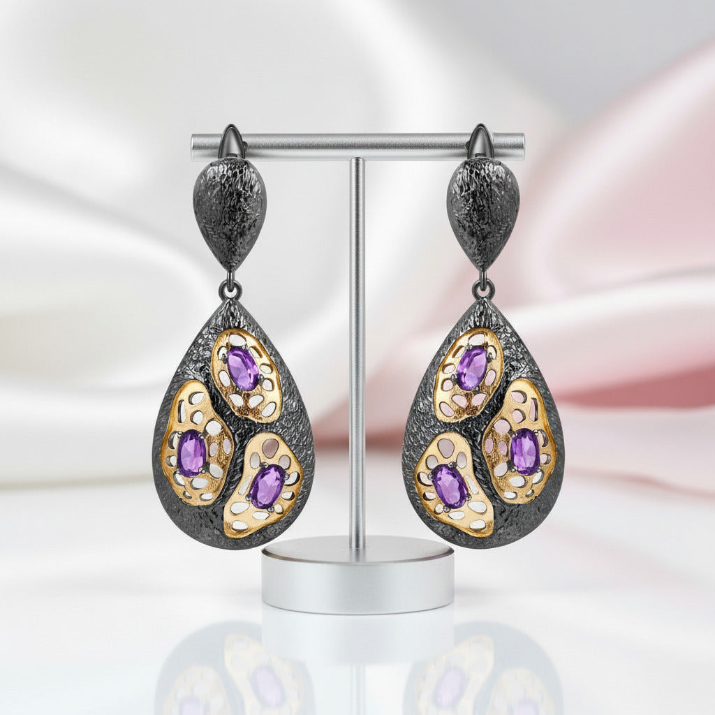 Amethyst Handmade Drop Earrings-Black Diamonds New York