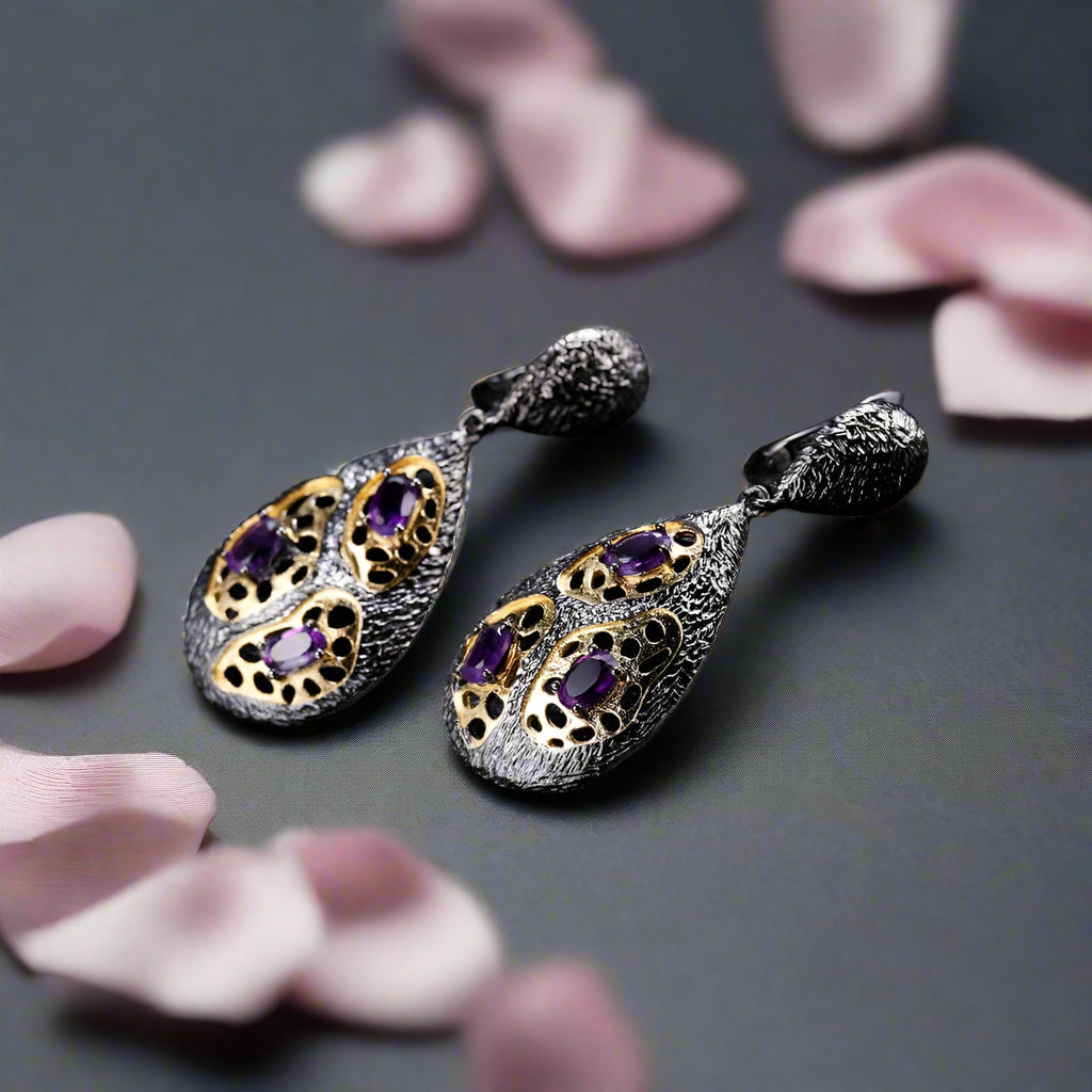 Natural Amethyst Handmade Drop Earrings-Black Diamonds New York