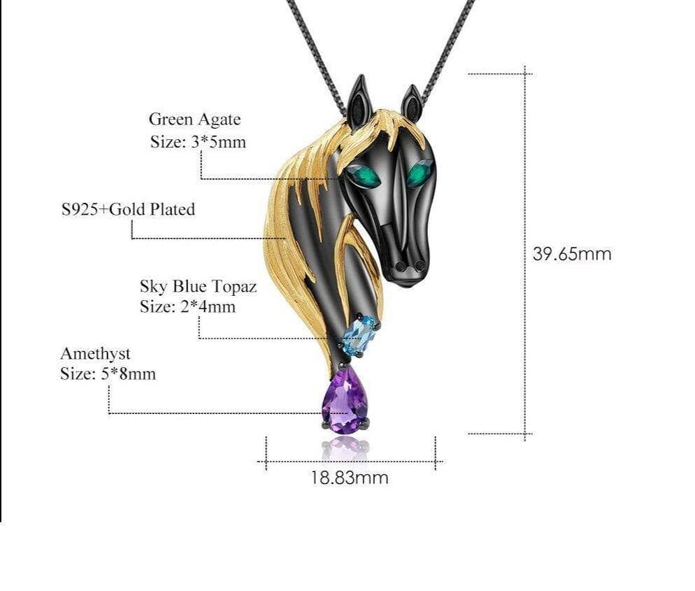 Natural Amethyst Sky Blue Topaz Gemstone Handmade Horse Pendant Necklace-Black Diamonds New York
