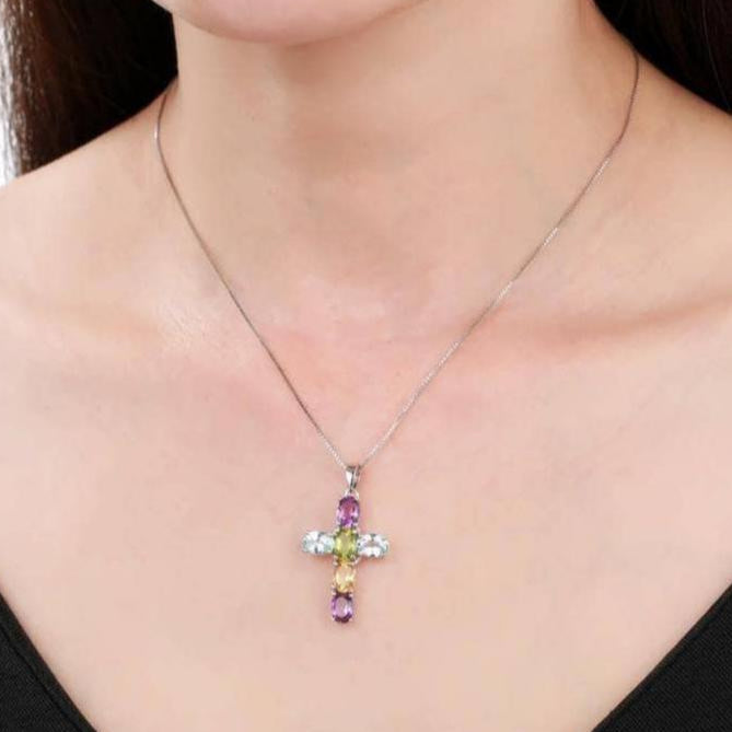 Natural Amethyst with Topaz Gemstone Cross Necklace-Black Diamonds New York
