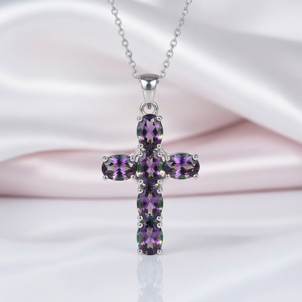 Natural Amethyst with Topaz Gemstone Cross Necklace-Black Diamonds New York