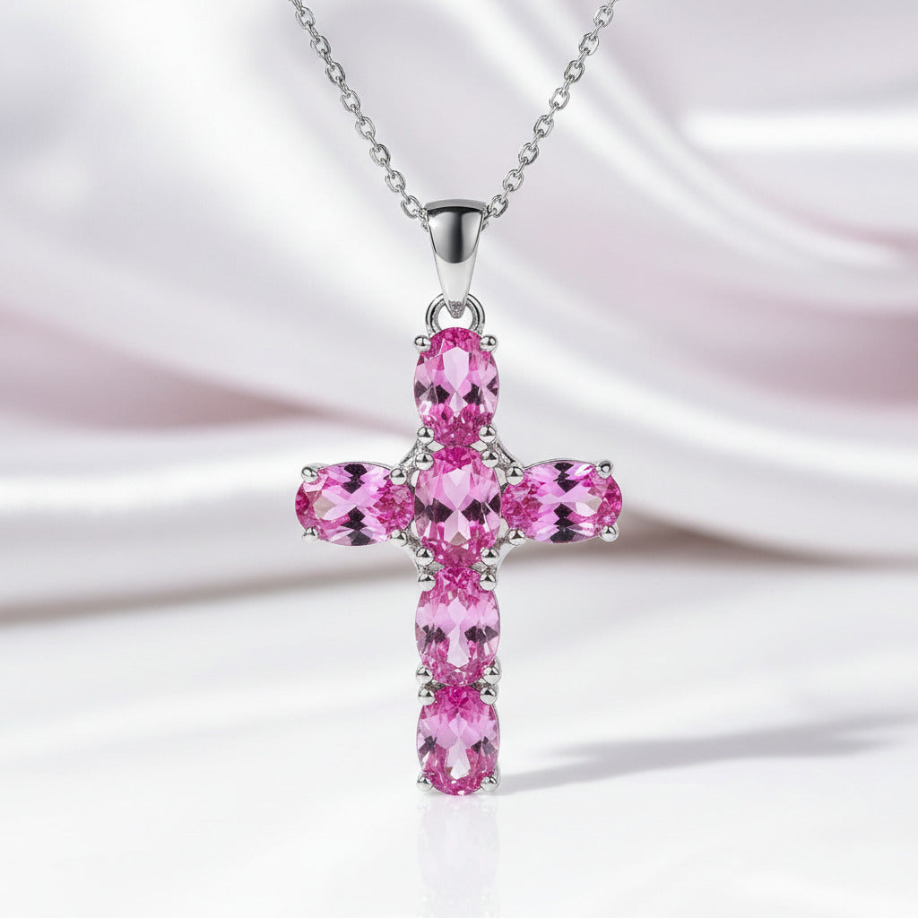 Natural Amethyst with Topaz Gemstone Cross Necklace-Black Diamonds New York