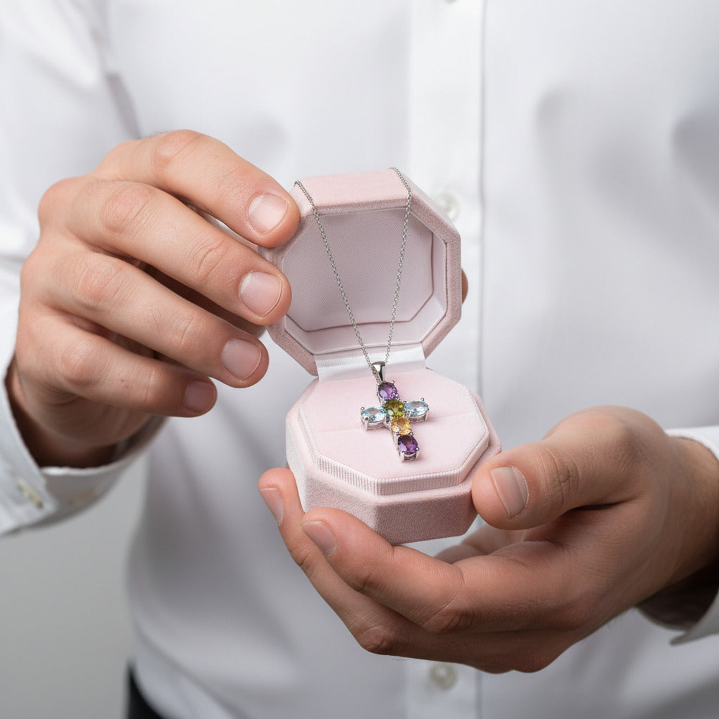 Natural Amethyst with Topaz Gemstone Cross Necklace-Black Diamonds New York