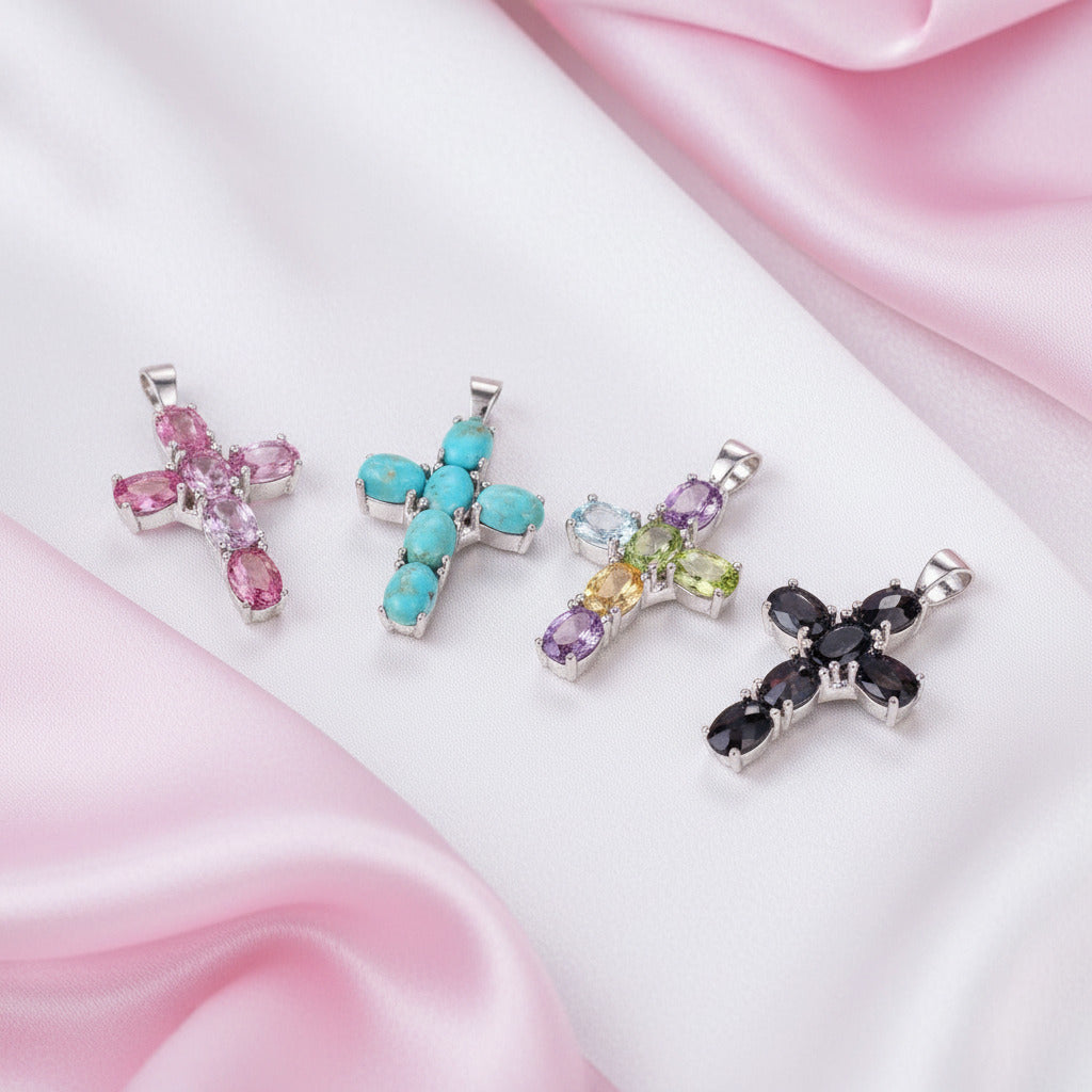 Natural Amethyst with Topaz Gemstone Cross Necklace-Black Diamonds New York