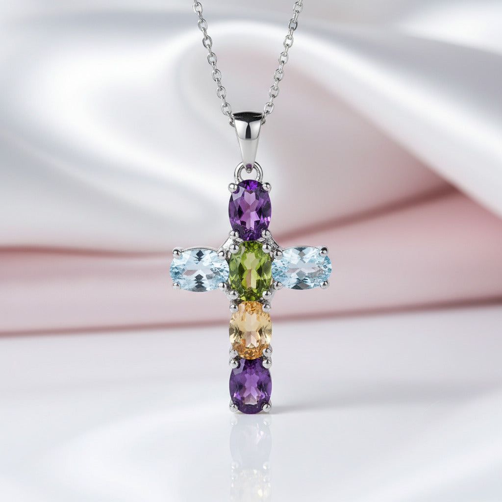 Natural Amethyst with Topaz Gemstone Cross Necklace-Black Diamonds New York