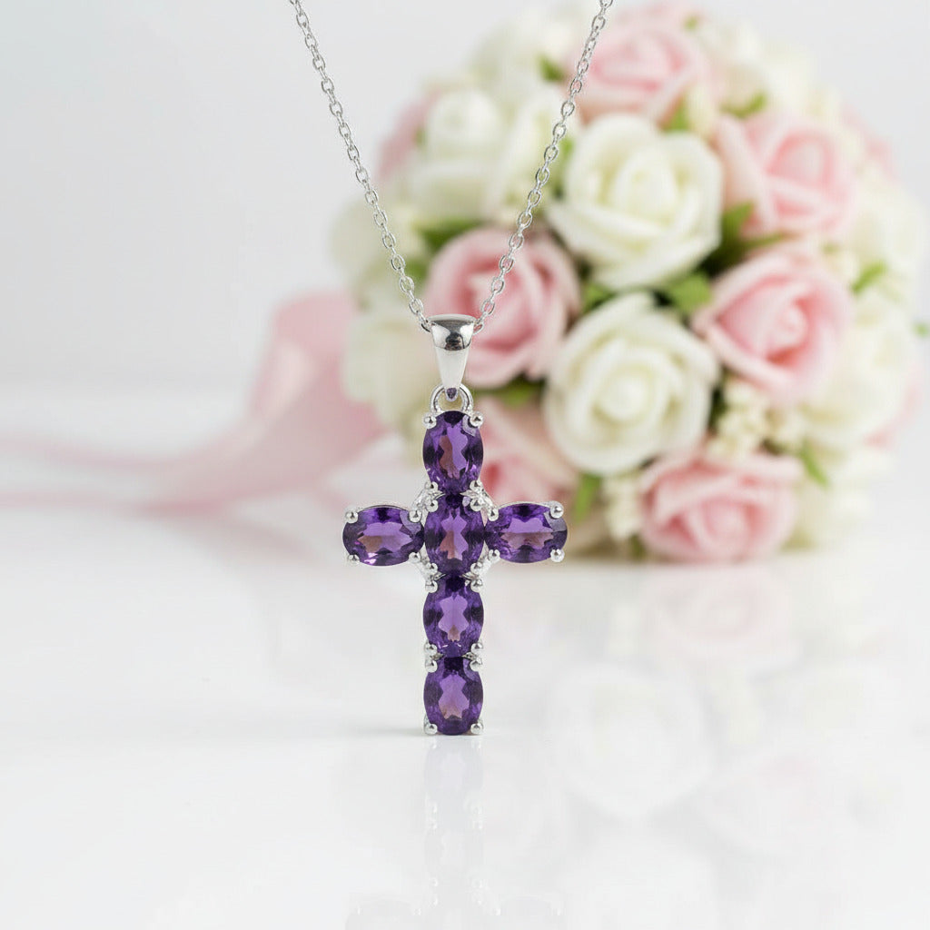 Natural Amethyst with Topaz Gemstone Cross Necklace-Black Diamonds New York