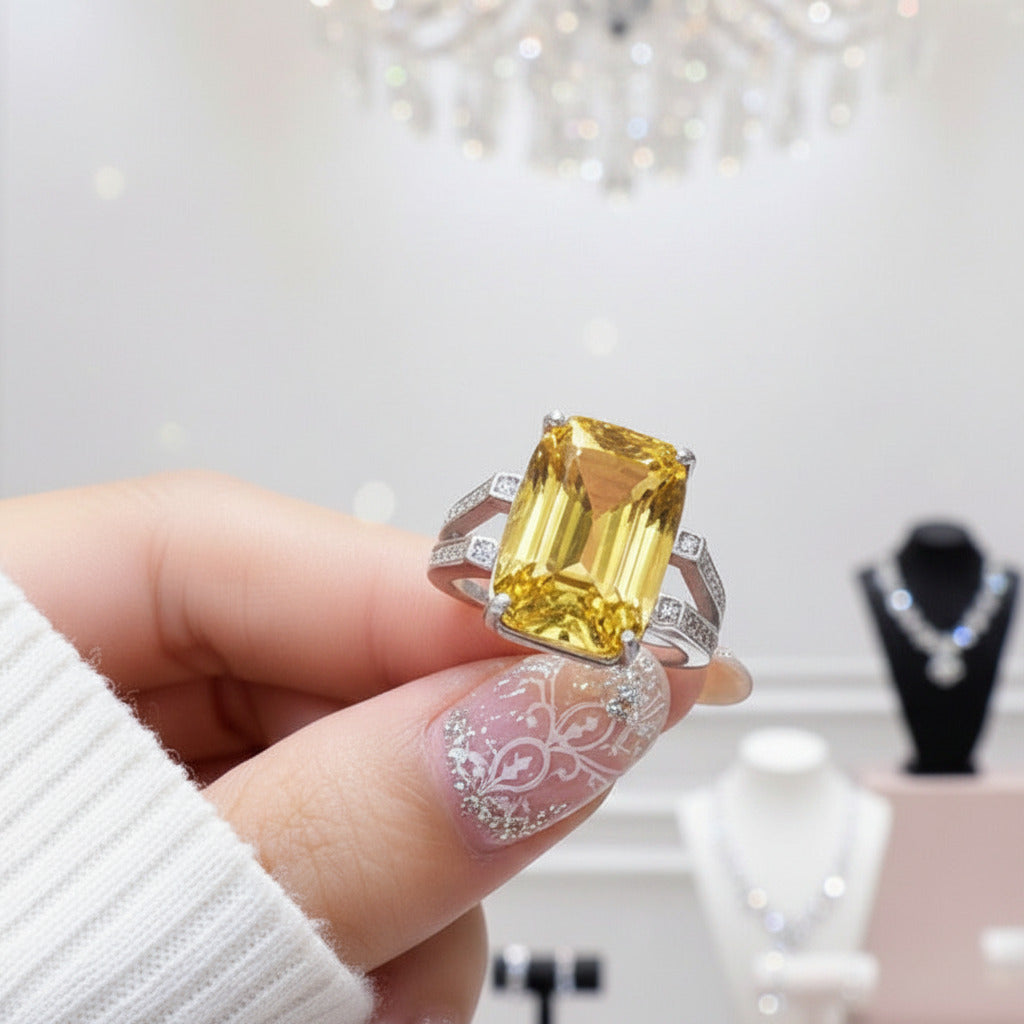 Ametrine/Citrine Emerald Cut Gemstone Ring-Black Diamonds New York