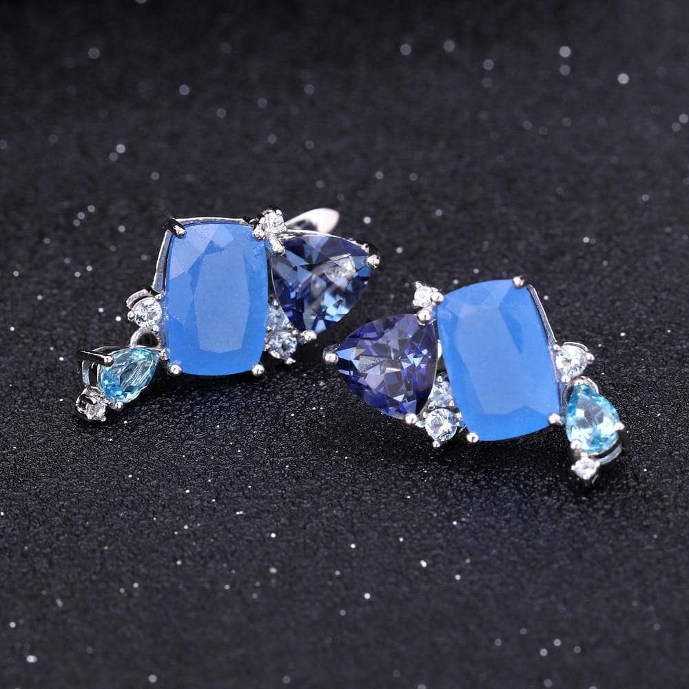 Natural Aqua blue Calcedony Drop Earrings-Black Diamonds New York