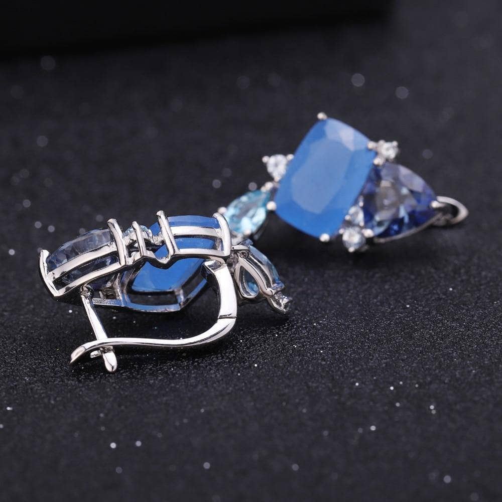 Natural Aqua blue Calcedony Drop Earrings-Black Diamonds New York