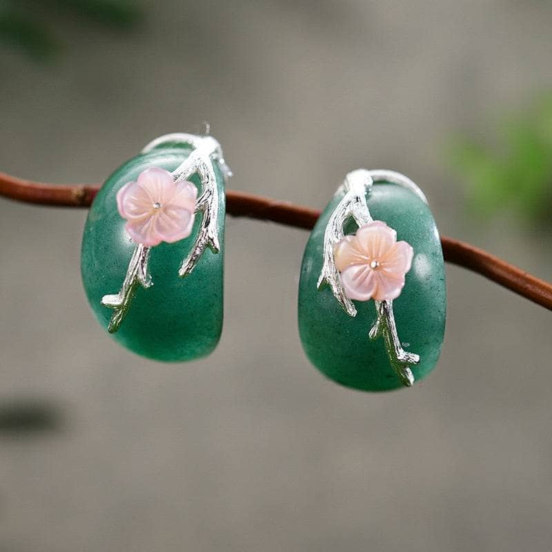 Natural Aventurine Plum Flower Stud Earrings-Black Diamonds New York
