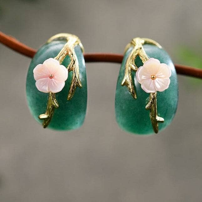 Natural Aventurine Plum Flower Stud Earrings-Black Diamonds New York