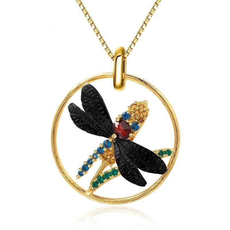 Natural Black Garnet Dragonfly Necklace Pendant-Black Diamonds New York