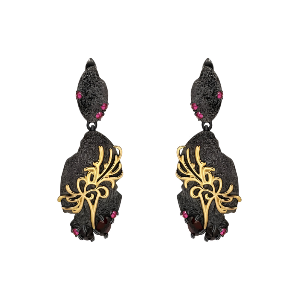 Natural Black Garnet Equinox Flower Drop Earrings-Black Diamonds New York