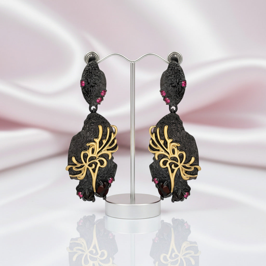 Black Garnet Equinox Flower Drop Earrings-Black Diamonds New York