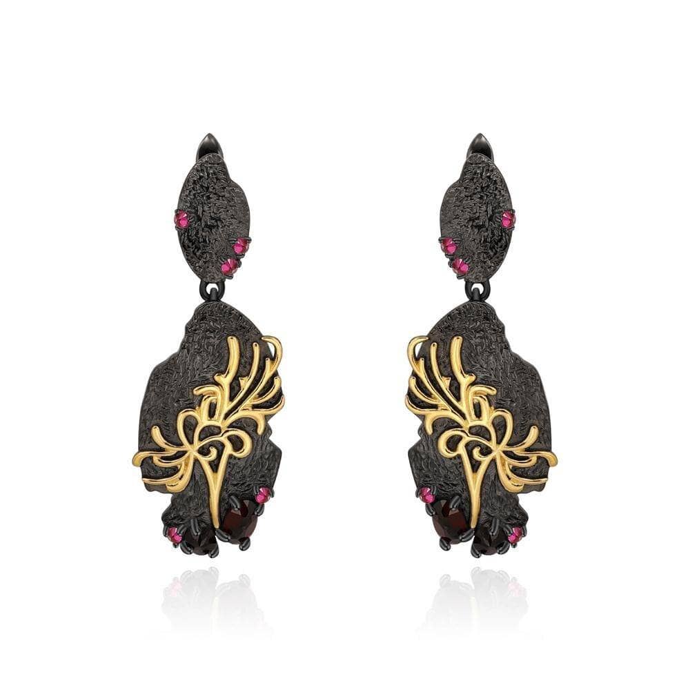 Natural Black Garnet Equinox Flower Drop Earrings