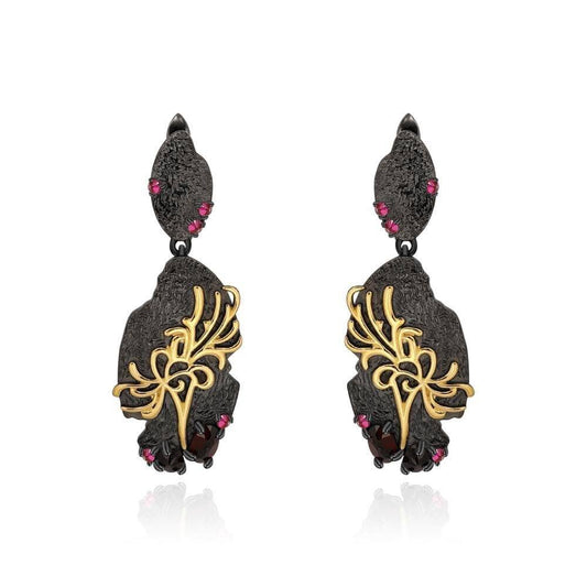 Natural Black Garnet Equinox Flower Drop Earrings