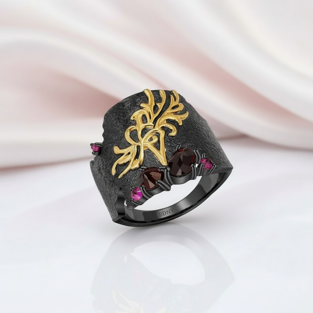 Black Garnet Gemstones Bohemian Ring-Black Diamonds New York