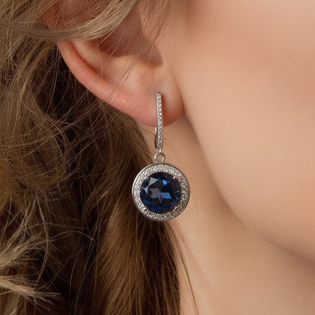 Round Cut Blue Mystic Quartz Earrings-Black Diamonds New York