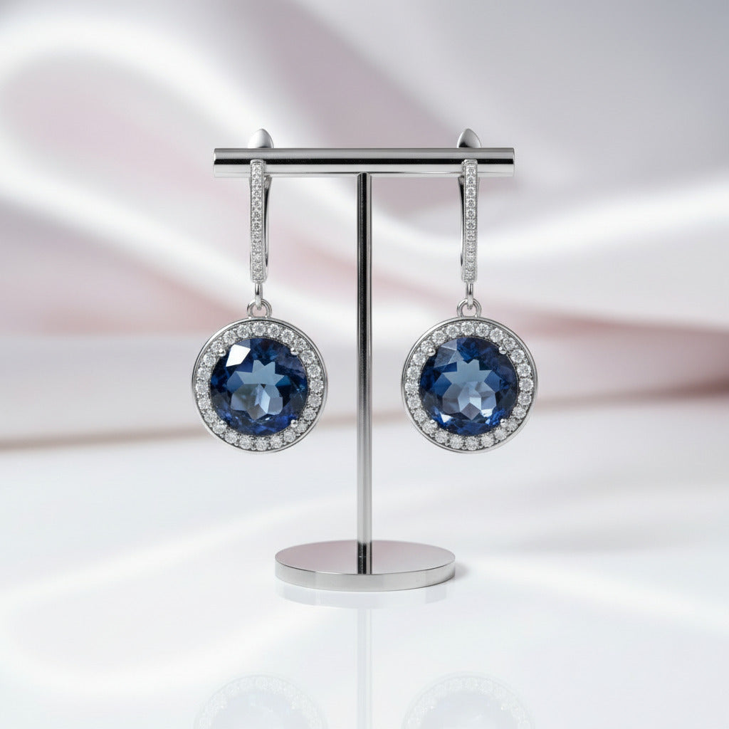 Round Cut Blue Mystic Quartz Earrings-Black Diamonds New York