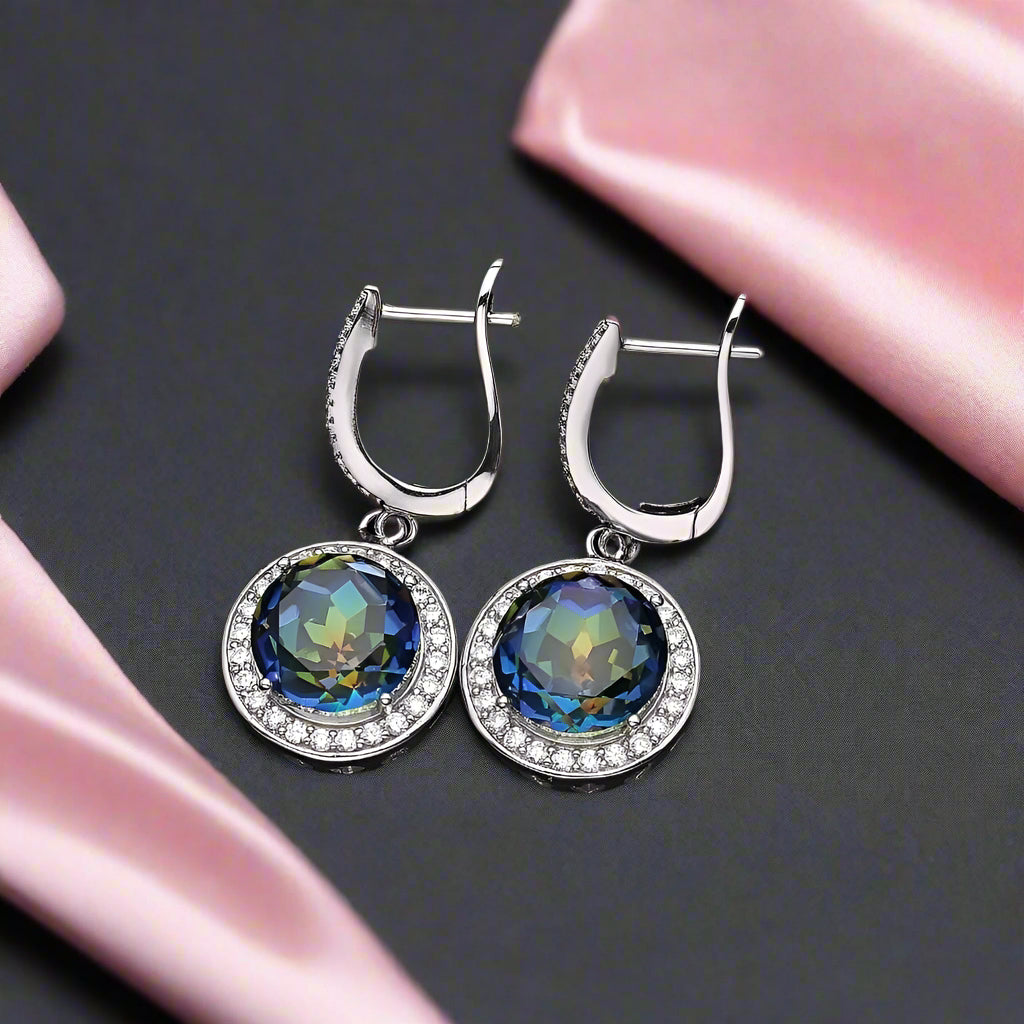 Round Cut Natural Blue Mystic Quartz Earrings-Black Diamonds New York