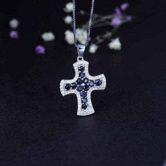 Natural Blue Sapphire Cross Pendant Necklace - Black Diamonds New York