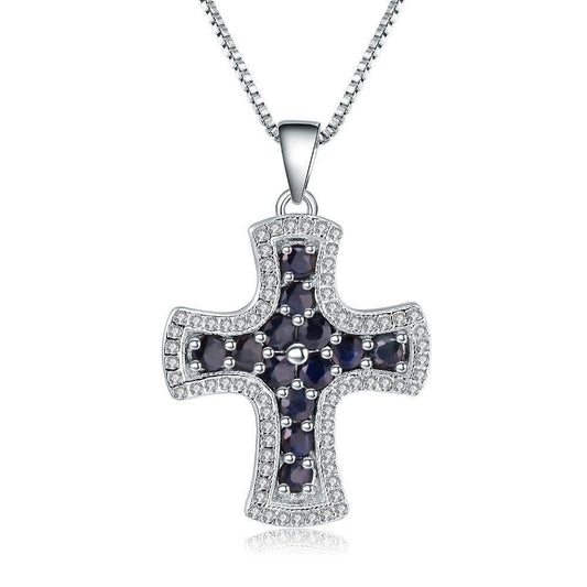 Natural Blue Sapphire Cross Pendant Necklace-Black Diamonds New York
