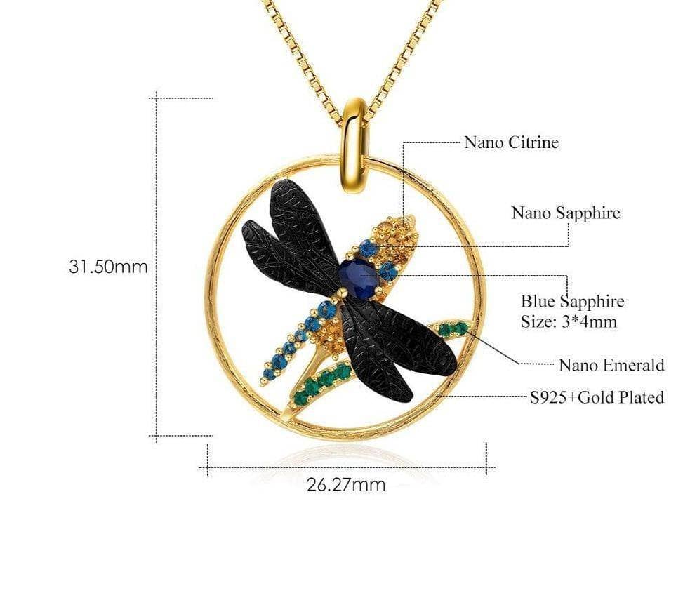 Natural Blue Sapphire Gemstone Dragonfly Pendant Necklace - Black Diamonds New York