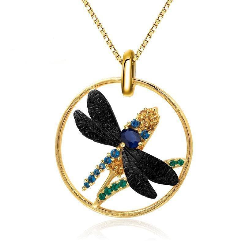Natural Blue Sapphire Gemstone Dragonfly Pendant Necklace-Black Diamonds New York