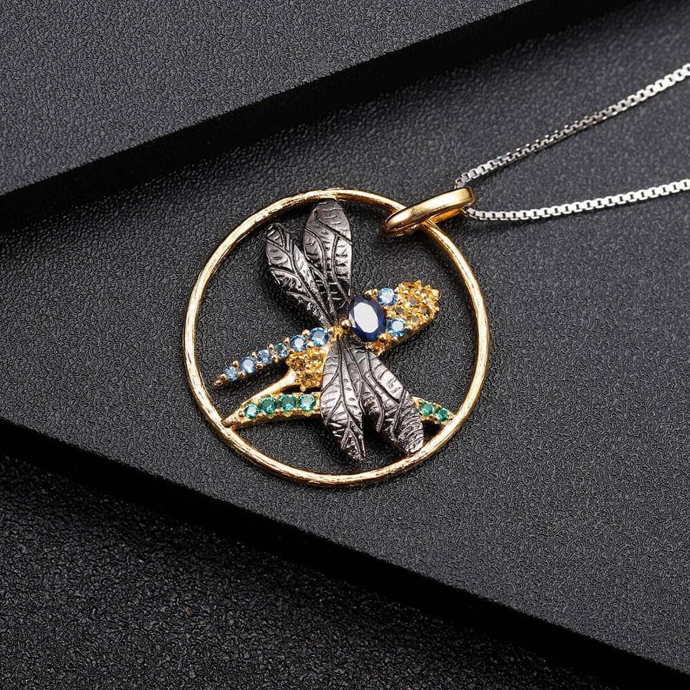 Natural Blue Sapphire Gemstone Dragonfly Pendant Necklace-Black Diamonds New York