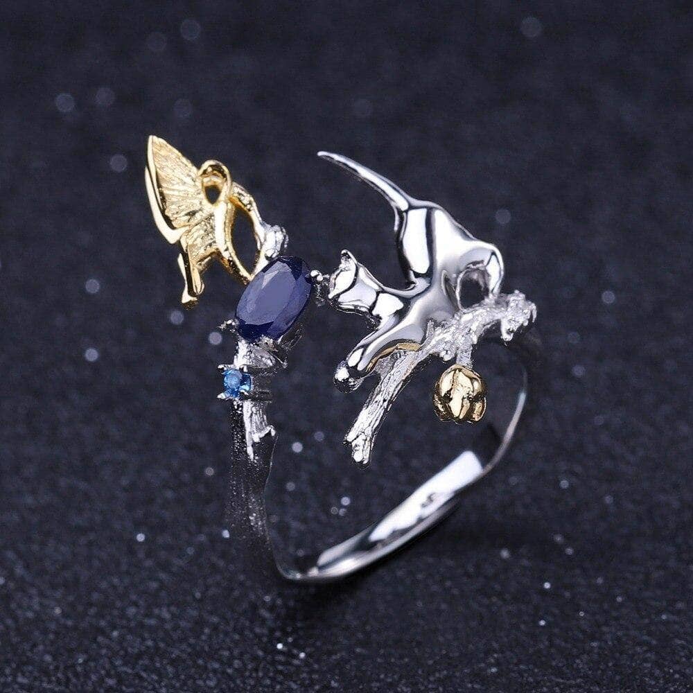Natural Blue Sapphire Handmade Cat & Cupid Jewelry Set - Black Diamonds New York