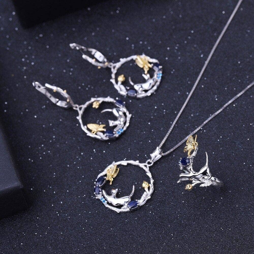 Natural Blue Sapphire Handmade Cat & Cupid Jewelry Set-Black Diamonds New York