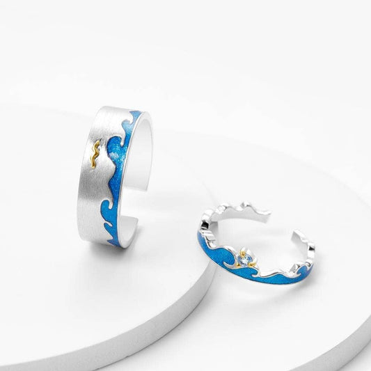 Natural Blue Topaz Handmade Adjustable Open Ring For Couples-Black Diamonds New York