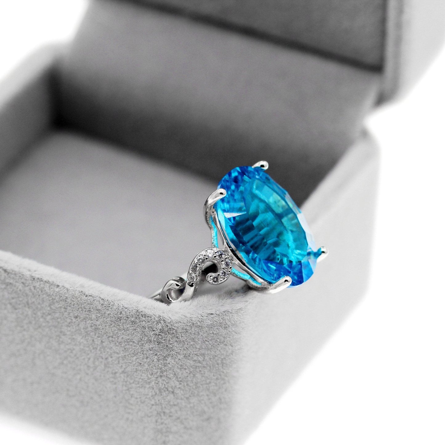 Natural Blue Topaz Ring 10 Carat Gemstone-Black Diamonds New York